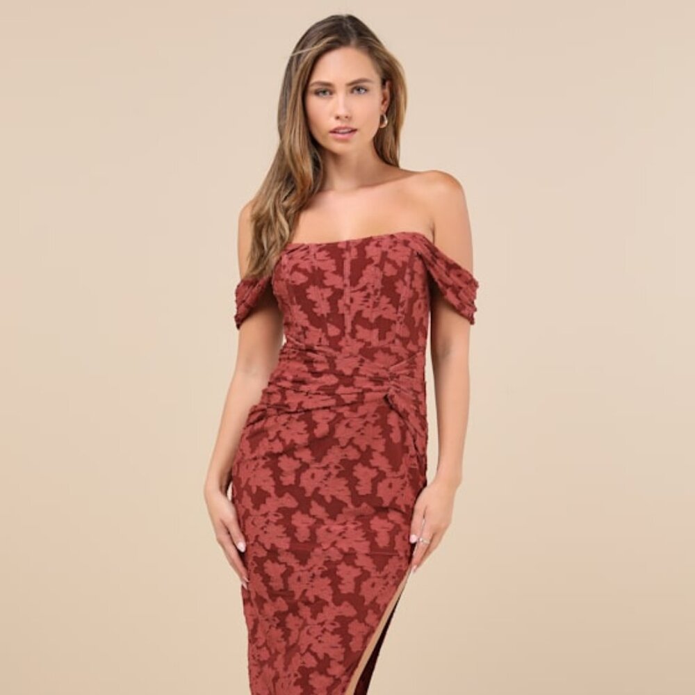 Alluring RSVP Rusty Rose Burnout Off-the-Shoulder Midi Dress